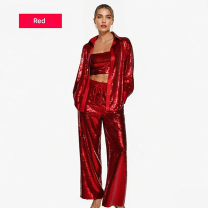 Women's Sequin Blazer and Wide Leg Pants (3-Piece Set)