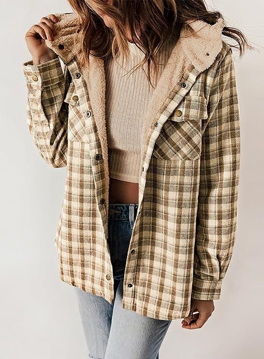 Women's Autumn/Winter Plaid Jacket Long Sleeve Buckle Hooded Jacket Warm Coat