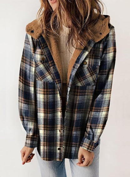 Women's Autumn/Winter Plaid Jacket Long Sleeve Buckle Hooded Jacket Warm Coat