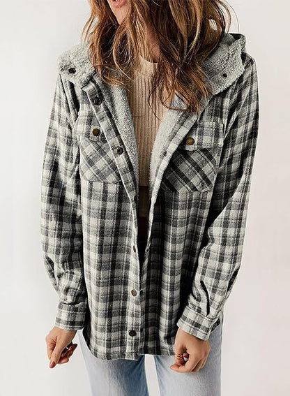 Women's Autumn/Winter Plaid Jacket Long Sleeve Buckle Hooded Jacket Warm Coat