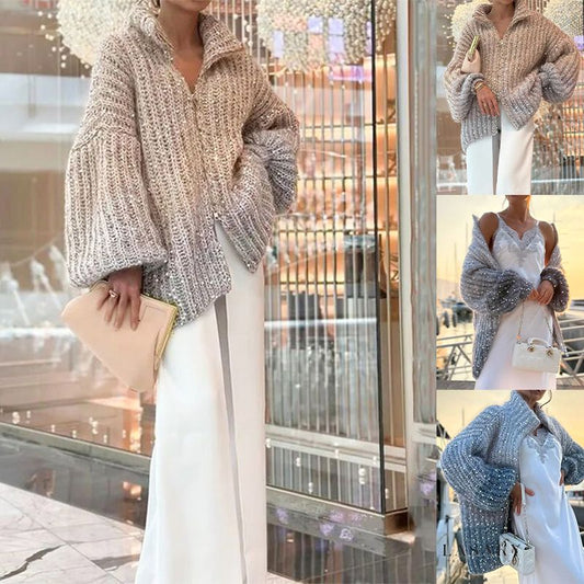 Fashion Sequin Full-Zipper Knit Sweater for Women