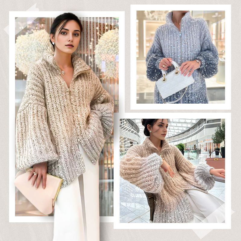 Fashion Sequin Full-Zipper Knit Sweater for Women