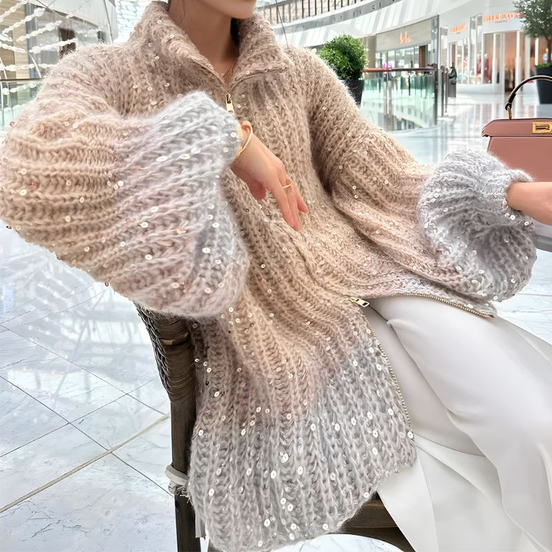Fashion Sequin Full-Zipper Knit Sweater for Women