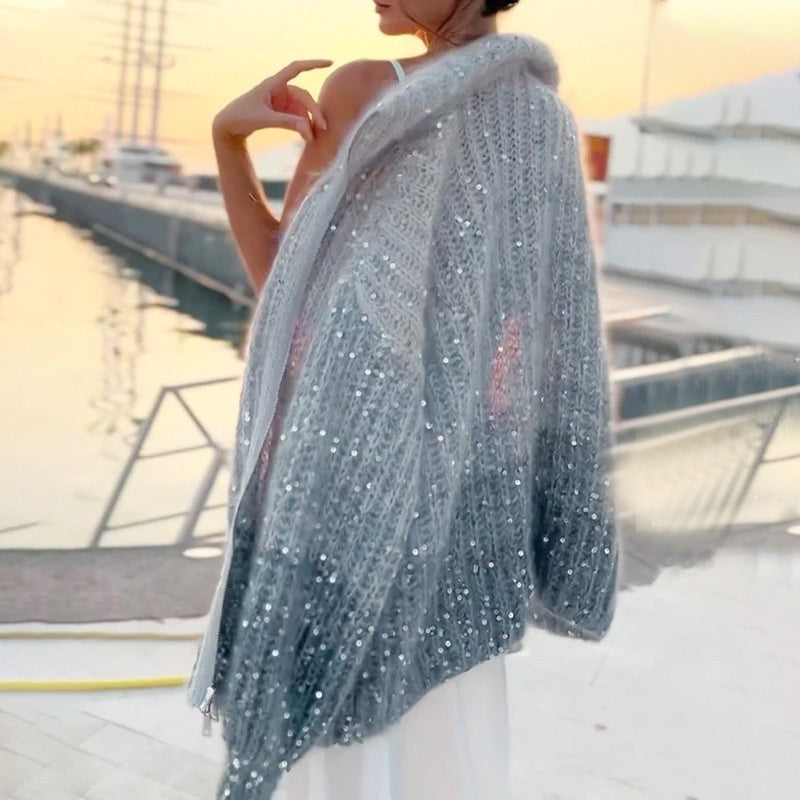 Fashion Sequin Full-Zipper Knit Sweater for Women