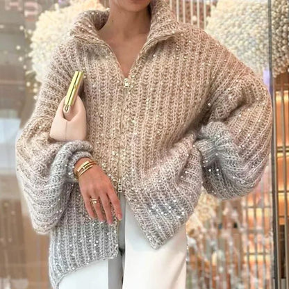 Fashion Sequin Full-Zipper Knit Sweater for Women
