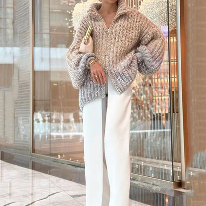 Fashion Sequin Full-Zipper Knit Sweater for Women