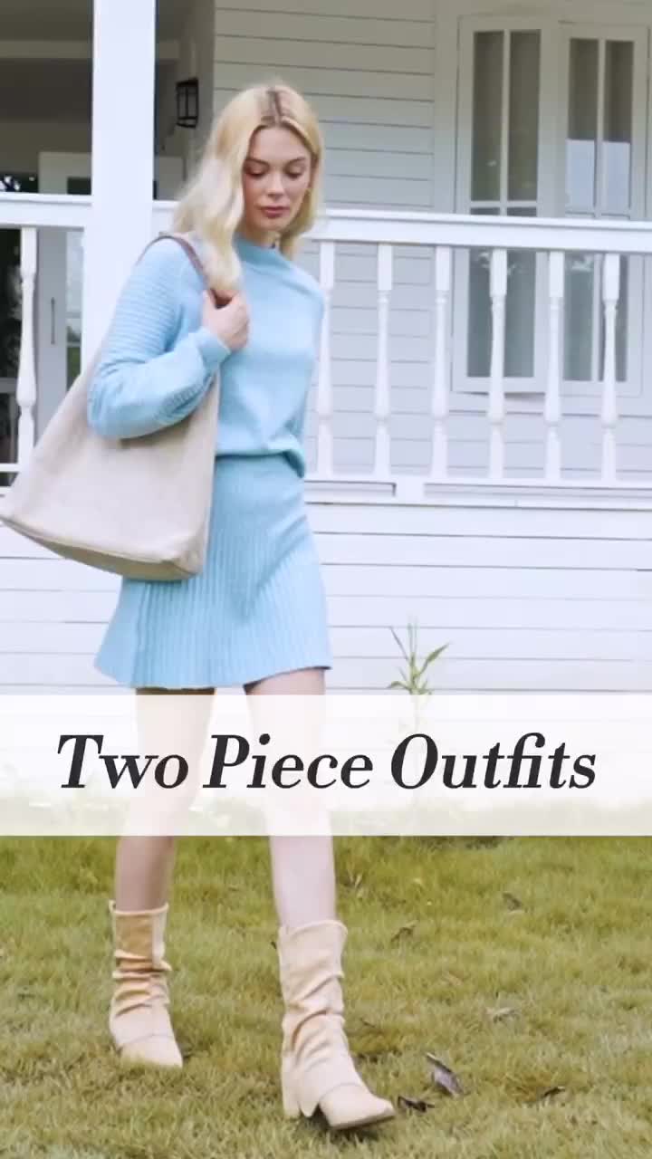 Imily Bela Women's 2 Piece Outfits 2025 Long Sleeve Mock Neck Ribbed Sweaters And Mini Skirt Two Piece Sets