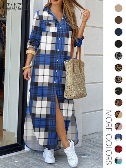 Women's Leopard Print Button Front Flap Pocket Shirt Dress, Casual Curved Hem Long Sleeve Collared Long Dress for Daily Wear, Ladies Clothes for All Seasons