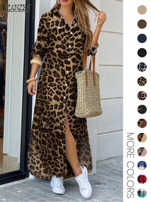 Women's Leopard Print Button Front Flap Pocket Shirt Dress, Casual Curved Hem Long Sleeve Collared Long Dress for Daily Wear, Ladies Clothes for All Seasons