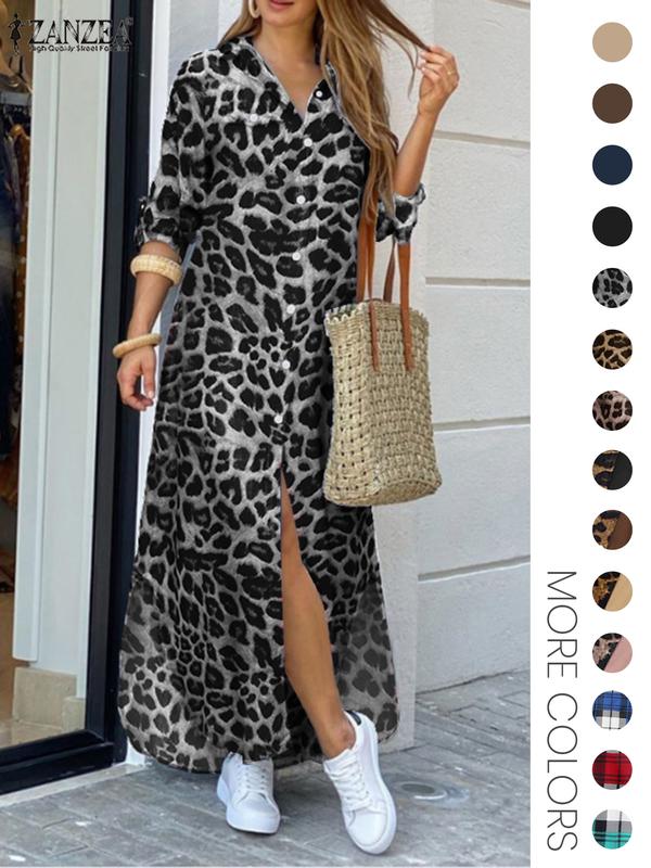 Women's Leopard Print Button Front Flap Pocket Shirt Dress, Casual Curved Hem Long Sleeve Collared Long Dress for Daily Wear, Ladies Clothes for All Seasons