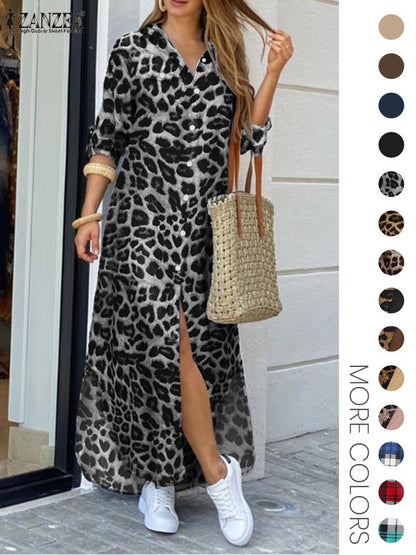 Women's Leopard Print Button Front Flap Pocket Shirt Dress, Casual Curved Hem Long Sleeve Collared Long Dress for Daily Wear, Ladies Clothes for All Seasons