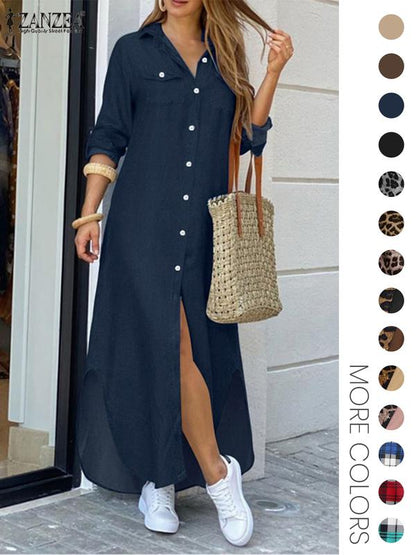 Women's Leopard Print Button Front Flap Pocket Shirt Dress, Casual Curved Hem Long Sleeve Collared Long Dress for Daily Wear, Ladies Clothes for All Seasons