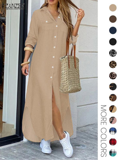 Women's Leopard Print Button Front Flap Pocket Shirt Dress, Casual Curved Hem Long Sleeve Collared Long Dress for Daily Wear, Ladies Clothes for All Seasons