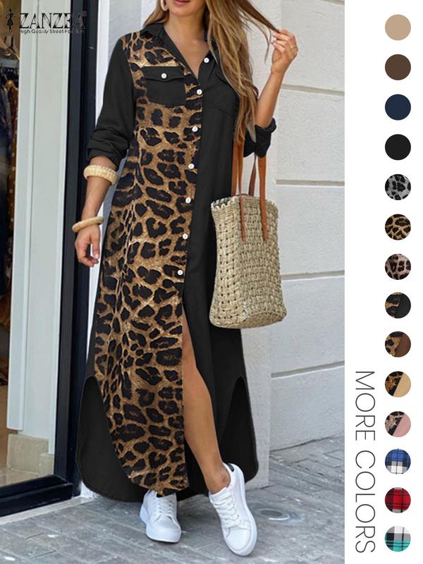 Women's Leopard Print Button Front Flap Pocket Shirt Dress, Casual Curved Hem Long Sleeve Collared Long Dress for Daily Wear, Ladies Clothes for All Seasons