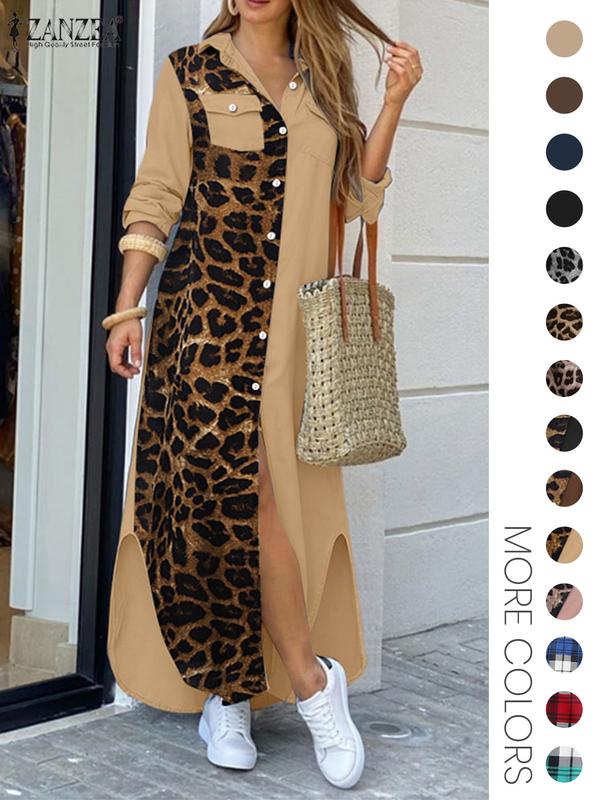 Women's Leopard Print Button Front Flap Pocket Shirt Dress, Casual Curved Hem Long Sleeve Collared Long Dress for Daily Wear, Ladies Clothes for All Seasons