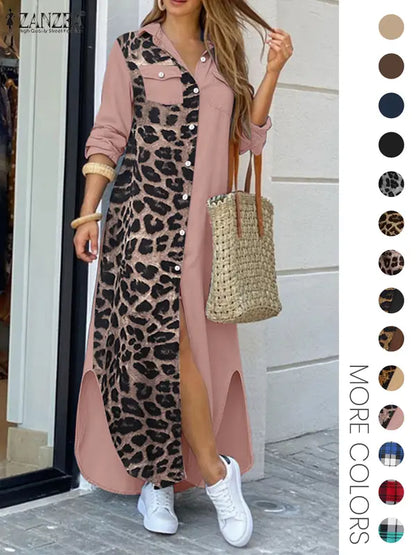Women's Leopard Print Button Front Flap Pocket Shirt Dress, Casual Curved Hem Long Sleeve Collared Long Dress for Daily Wear, Ladies Clothes for All Seasons