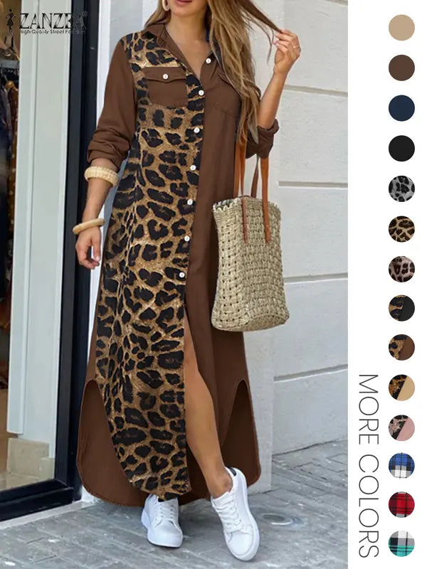 Women's Leopard Print Button Front Flap Pocket Shirt Dress, Casual Curved Hem Long Sleeve Collared Long Dress for Daily Wear, Ladies Clothes for All Seasons
