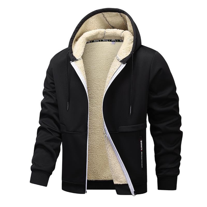 Winter men's casual plus plush thick hooded jacket jacket, warm and windproof Men's Fleece Lined Hooded Jacket