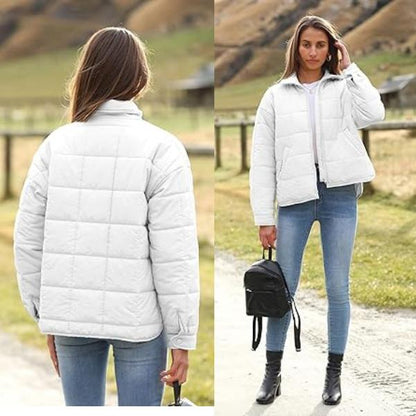 SCUSTY Women's Quilted Puffer Jacket Long Sleeve Zip Up Oversized Lightweight Padded Down Coat Outerwear