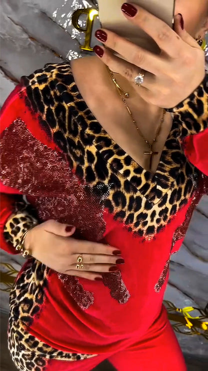 V-neck leopard print suit - MYSTERYBOXS