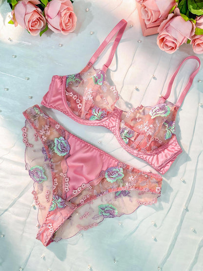 Pink Petals Embroidered Lingerie Set - MYSTERYBOXS