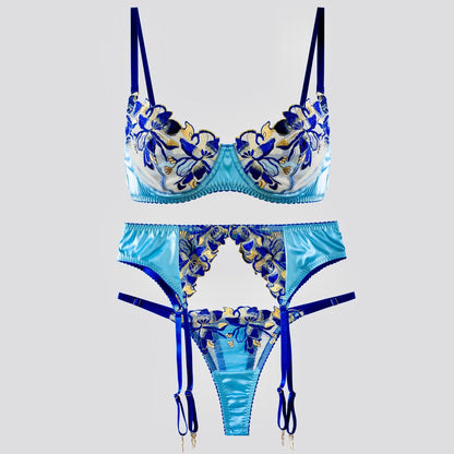 Fresh Blue Satin Embroidered Lingerie - MYSTERYBOXS