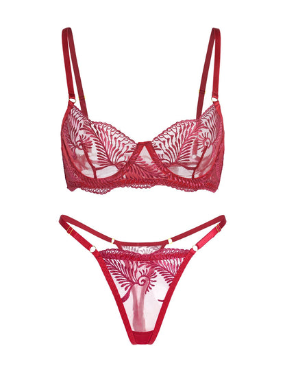 Wine Red Elegant Essence Embroidery Lingerie Set - MYSTERYBOXS