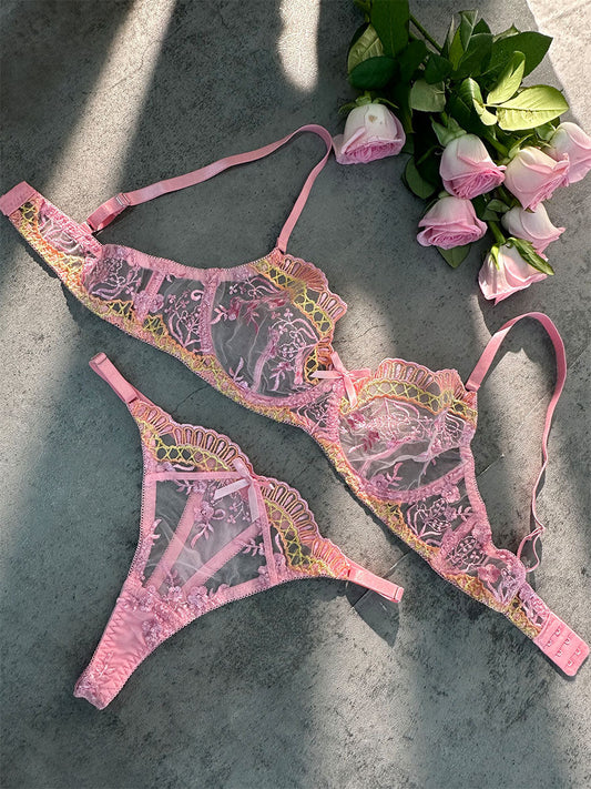 Pink Fancy Embroidery Lingerie Set - MYSTERYBOXS