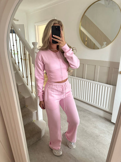 Solid Color Zipper Cardigan and Straight Leg Pants Tracksuit