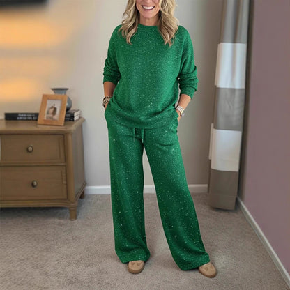 Women Round Neck Hot Diamond Flash Solid Color Casual Suit