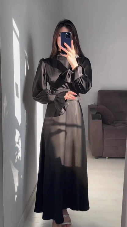 Long Sleeve Waist Puff Sleeve Solid Color Fairy Style Dress - MYSTERYBOXS