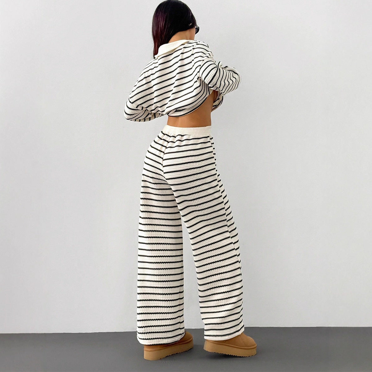 Colorblock striped V-neck loose two-piece set