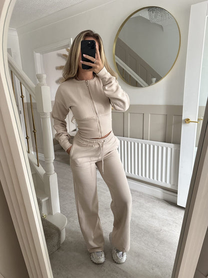 Solid Color Zipper Cardigan and Straight Leg Pants Tracksuit