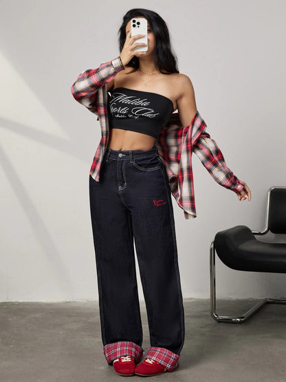 Panelled rolled-up plaid jeans - MYSTERYBOXS
