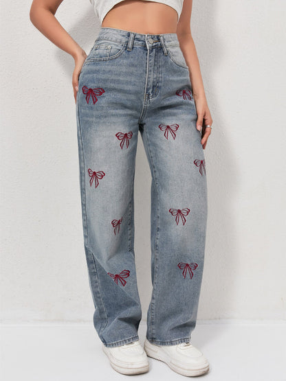 Bow embroidered wide jeans - MYSTERYBOXS