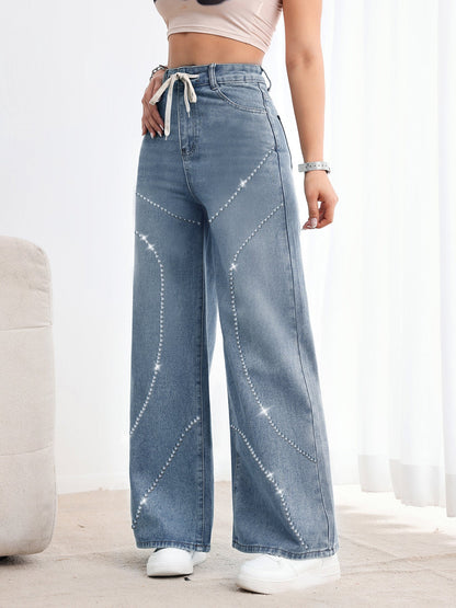 Rhinestone Beaded Denim Pants - MYSTERYBOXS