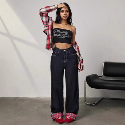 Panelled rolled-up plaid jeans - MYSTERYBOXS