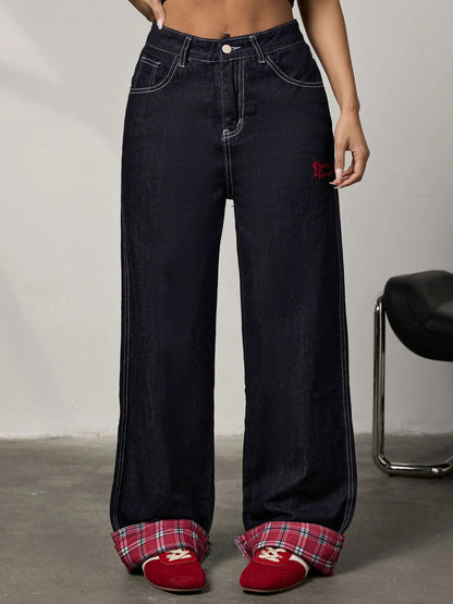Panelled rolled-up plaid jeans - MYSTERYBOXS