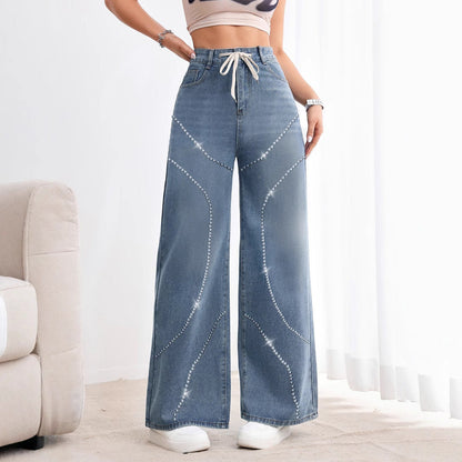 Rhinestone Beaded Denim Pants - MYSTERYBOXS