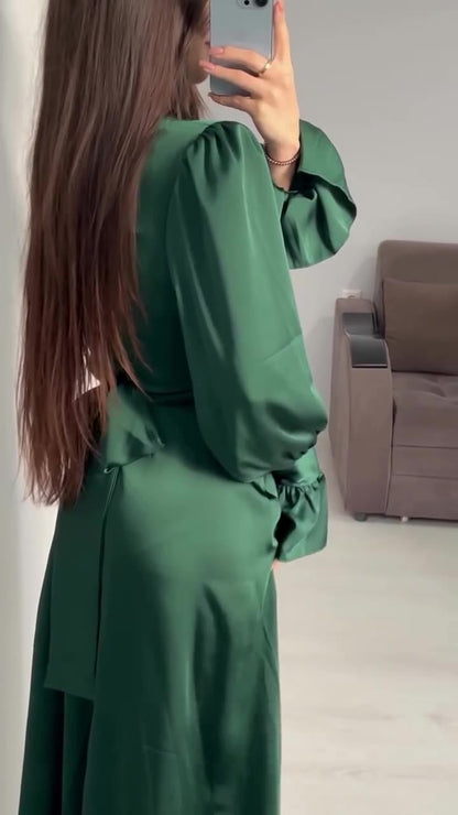 Long Sleeve Waist Puff Sleeve Solid Color Fairy Style Dress - MYSTERYBOXS