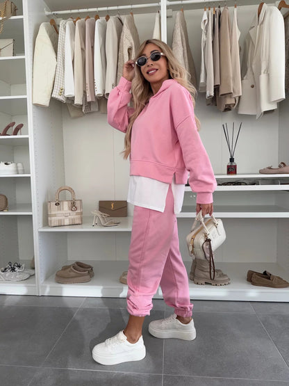 Women's Hooded Patchwork Casual Sweatshirt Set