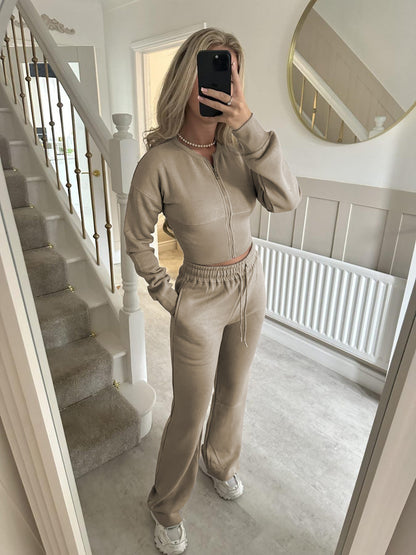 Solid Color Zipper Cardigan and Straight Leg Pants Tracksuit