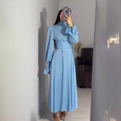 Long Sleeve Waist Puff Sleeve Solid Color Fairy Style Dress - MYSTERYBOXS