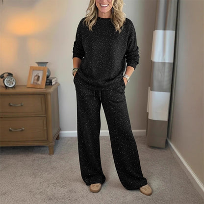 Women Round Neck Hot Diamond Flash Solid Color Casual Suit