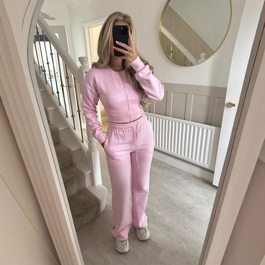 Solid Color Zipper Cardigan and Straight Leg Pants Tracksuit