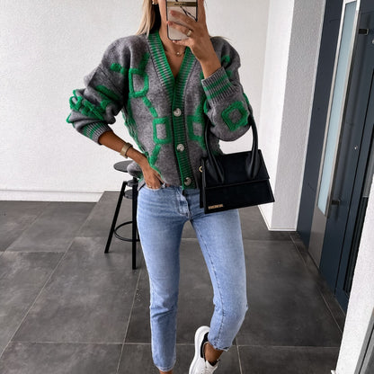 Jacquard color-blocked V-neck button-down cardigan sweater