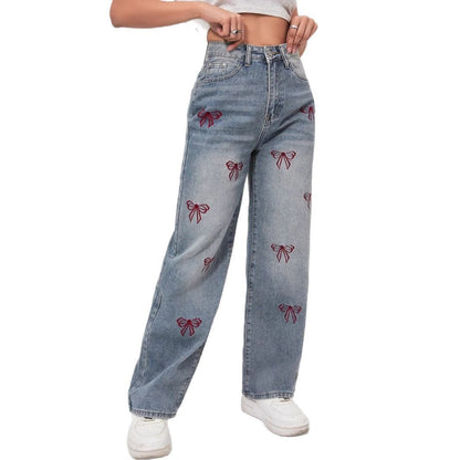 Bow embroidered wide jeans - MYSTERYBOXS