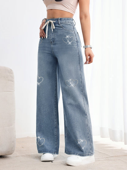 Heart Beaded Metal Jeans - MYSTERYBOXS