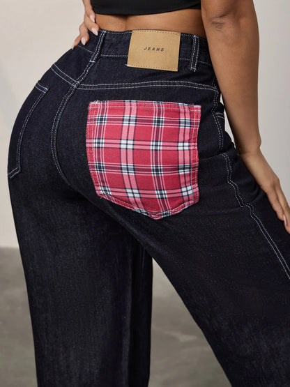 Panelled rolled-up plaid jeans - MYSTERYBOXS