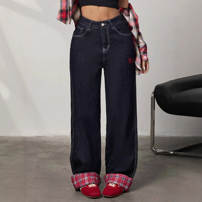 Panelled rolled-up plaid jeans - MYSTERYBOXS